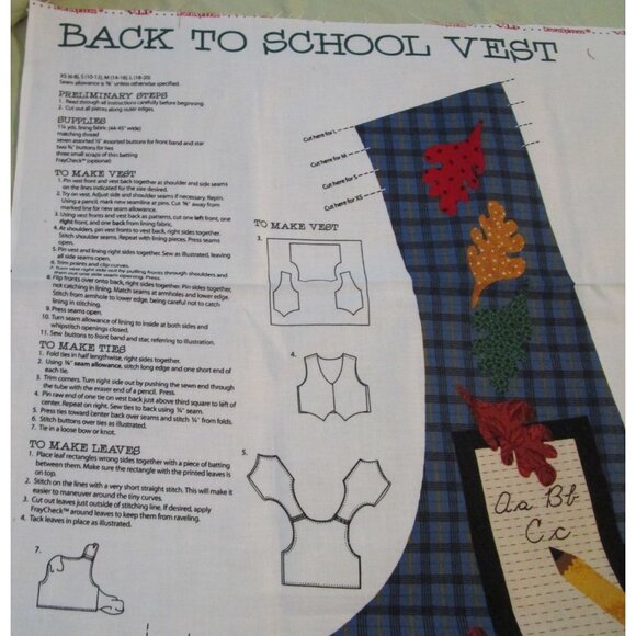 Vintage Uncut VIP  Back To School Vest Sewing Pattern Panel Fabric DIY Craft - Picture 4 of 11